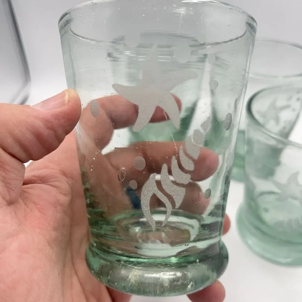 Set Of 4 Hand Blown Green Glass Etched Starfish Shell 8 oz 4” Heavyweight Bottom